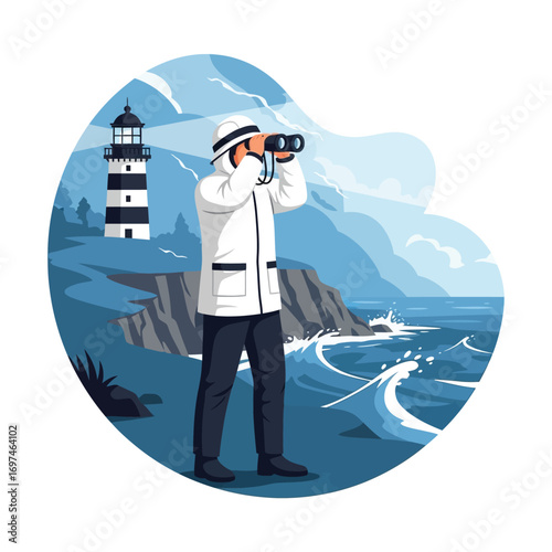 A man uses binoculars to scan the ocean near a coastal lighthouse.