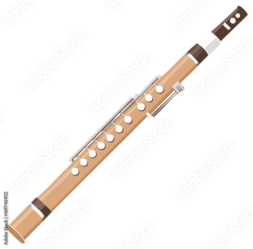 Illustration of a simple brown flute, a woodwind instrument with keys and holes for producing melodious sounds.