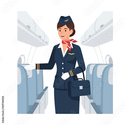 A smiling flight attendant stands in the aisle of an airplane, offering service to passengers.