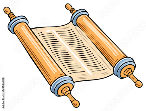 Antique religious scripture scroll with wooden handles cartoon illustration