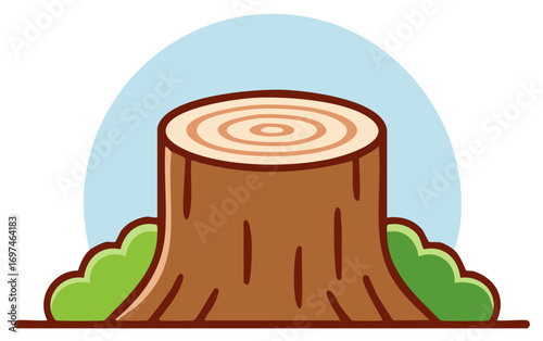 Isolated tree stump surrounded by green shrubbery with a blue sky in the background
