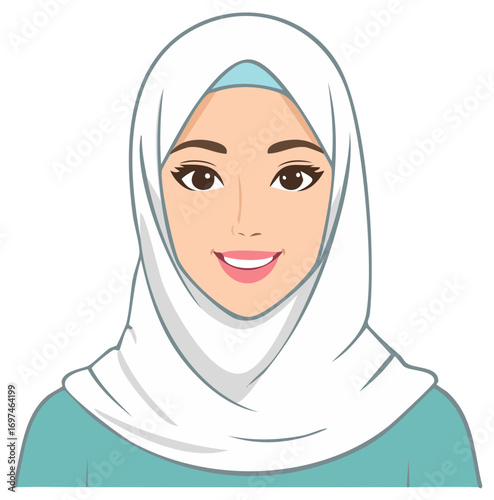 Smiling Young Muslim Woman Wearing White Hijab with Friendly and Welcoming Expression Vector Art