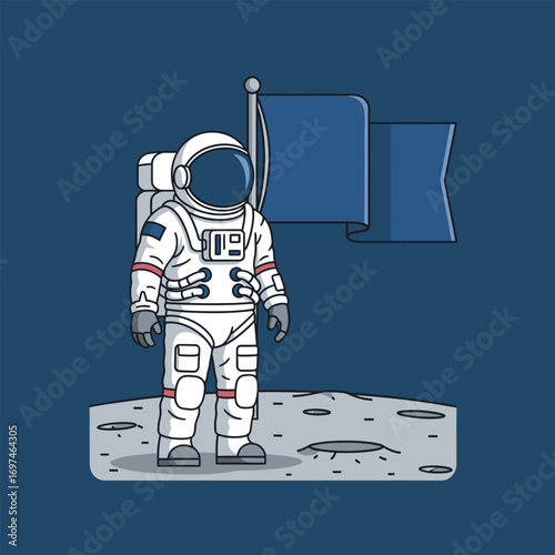 An astronaut stands on a lunar surface next to a waving flag, exploring space.