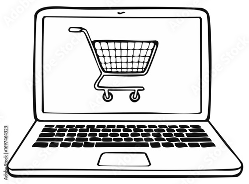 Laptop Computer Screen Showing a Shopping Cart Cart in Black and White
