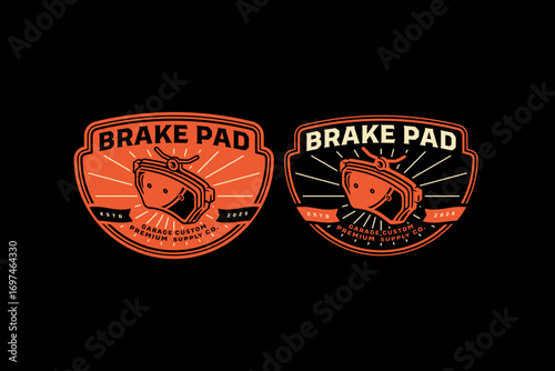 Brake pad retro badge logo vector design set for automotive garage. Vintage brake system pad emblem logo graphic pack for spare parts. Pad breaking system illustration label element for workshop