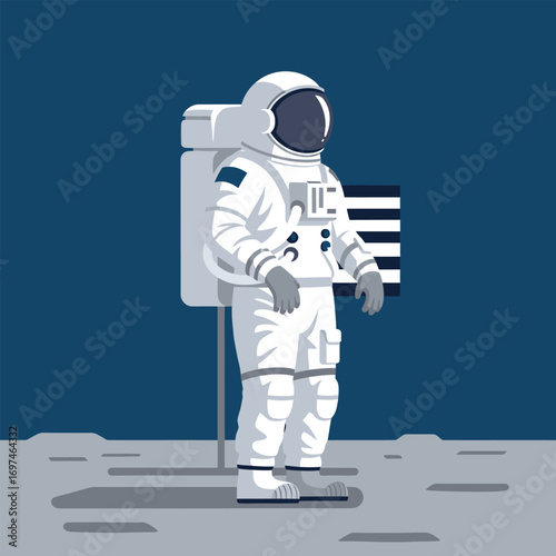 An astronaut stands on a moon-like surface, with the American flag in the background.