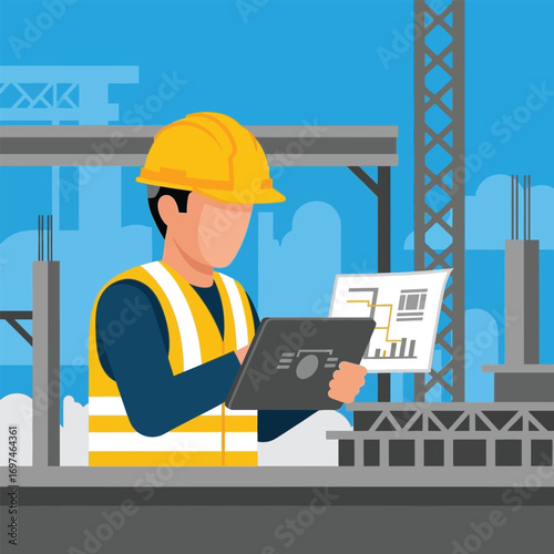 Construction worker in hard hat and safety vest reviews plans on a tablet at a building site.