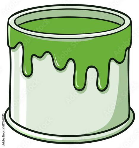 Cartoon illustration of a full green paint can overflowing and dripping down the sides