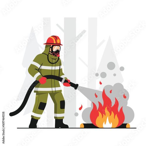 Firefighter in protective gear extinguishing a forest fire with a hose, trees in the background.