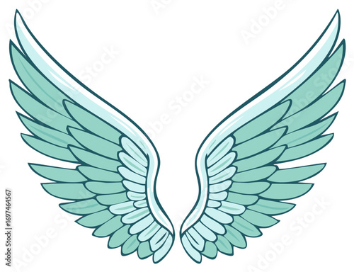 A beautiful pair of stylized turquoise angel wings spread open in a cartoon illustration