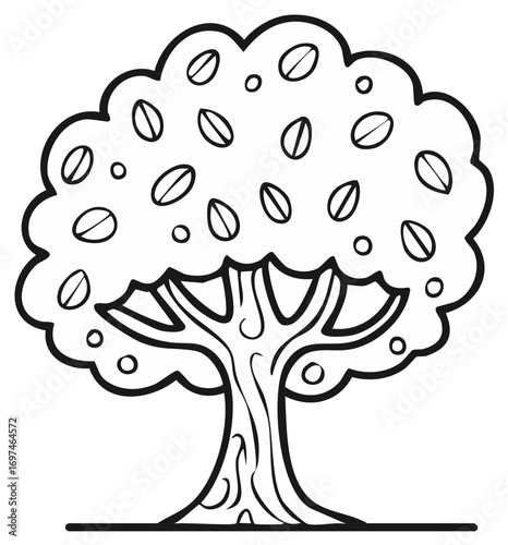 Simple black and white outline of a mature tree with leaves and fruit.