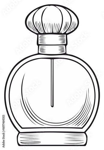 Elegant perfume bottle line art illustration. Round glass container with decorative cap and wand