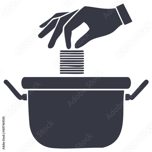 Hand placing a stack of coins into a pot symbol of savings and finance