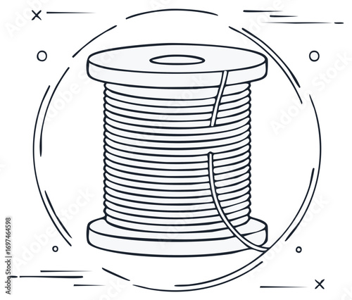 Hand drawn line art illustration of a wire spool with decorative elements