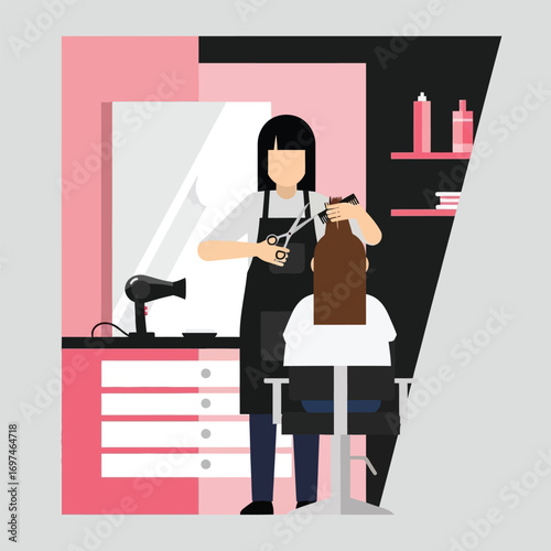 A stylized illustration of a hair stylist cutting a client's hair in a modern salon.