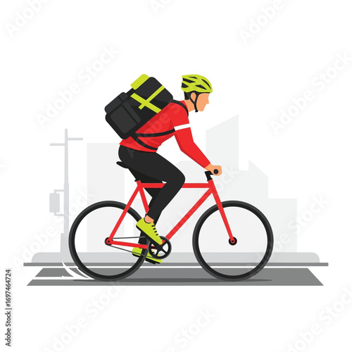 A delivery person on a bicycle, carrying a large backpack, rides through a city street.