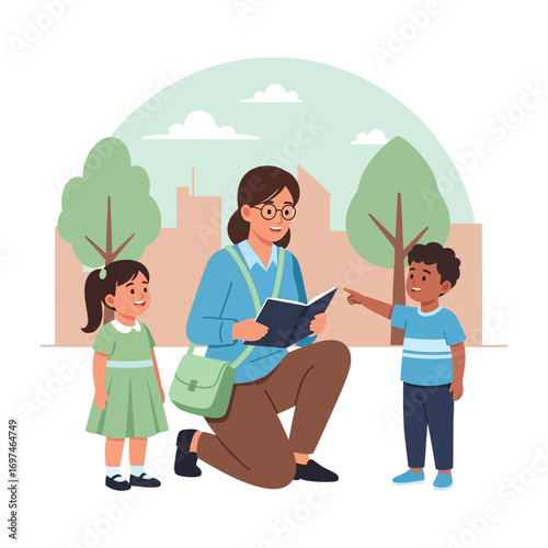 A woman teacher reads a book to two children in a park-like setting, pointing to something in the book.