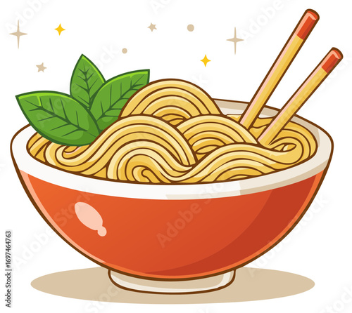 Cute cartoon illustration of a delicious red bowl of Asian noodles with chopsticks