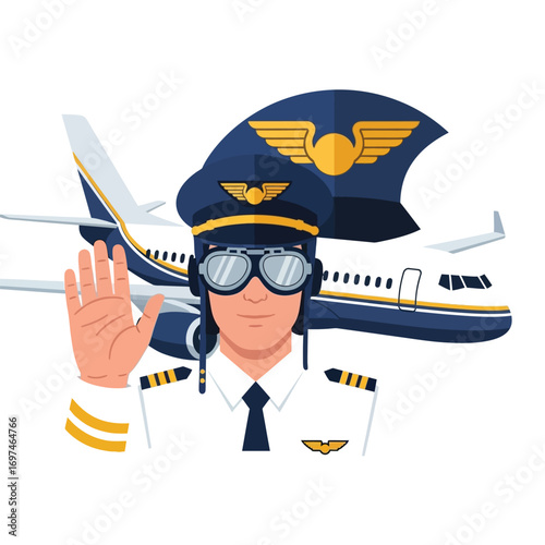 A pilot in uniform, gesturing with a stop signal, in front of a large airplane.