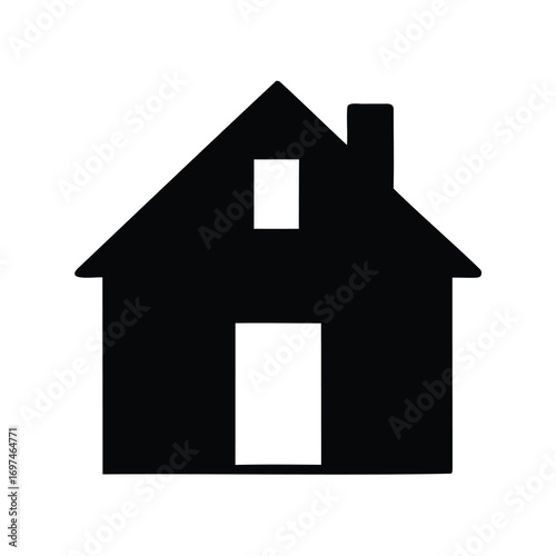 Simple black house silhouette with a chimney, door and single window