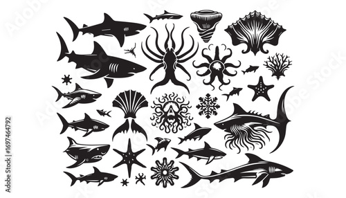 set of silhouettes of shark fish