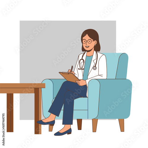 A female doctor sits in a teal armchair, taking notes in a medical setting.