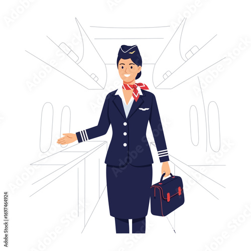 Smiling flight attendant welcomes passengers aboard airplane.