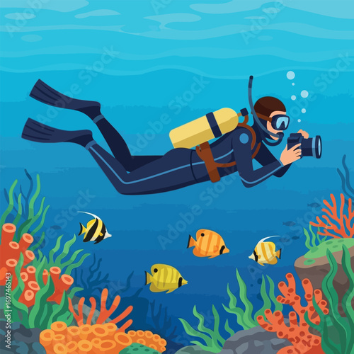 A diver exploring underwater, capturing images of colorful fish and coral reefs.