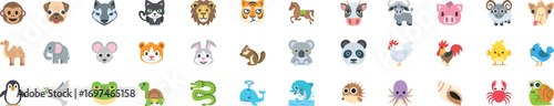 Cute animal face icons collection including pets, wild creatures, and farm animals. Cartoon style animal emoticons perfect for kids, games, stickers, and digital design projects.