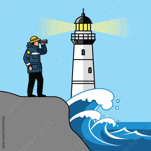 A lighthouse keeper, standing on a cliff, observes the sea with binoculars while the lighthouse shines.
