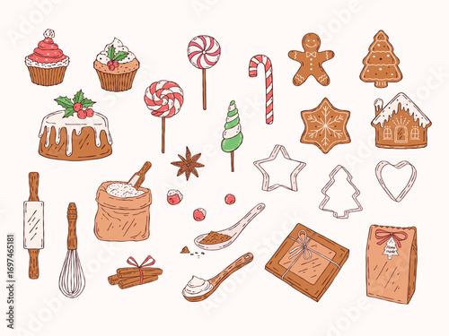 Cozy Christmas baking clipart set in hand-drawn style. Includes gingerbread man, tree, cupcakes, candy canes, rolling pin, whisk, flour jar, spices, and gift tags