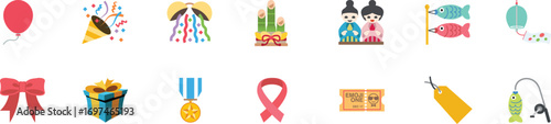Colorful celebration and holiday icons collection including balloons, confetti, ribbons, lanterns, gifts, medals, tickets, and festive decorations. Perfect for party or event design. Flat vector set.