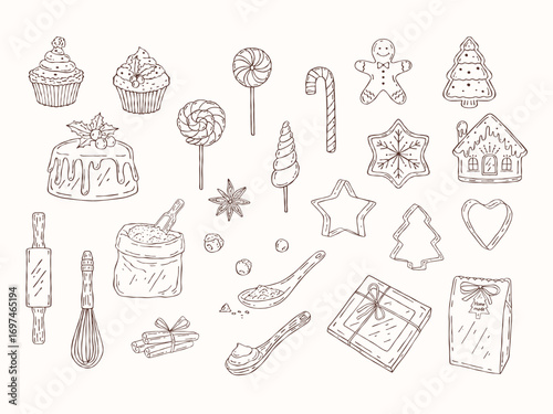 Minimalist Christmas baking doodle set in outline style with gingerbread man, tree, cupcakes, candy canes, rolling pin, whisk, flour bag, spices, and gift tags