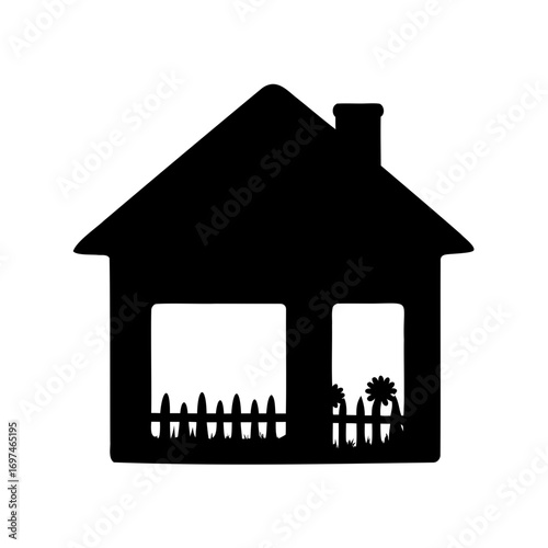 Silhouette of house with a fence and flowers in a minimalist style