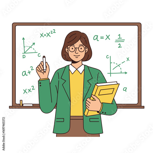 Teacher stands in front of whiteboard with math equations, holding marker and book, ready to teach.