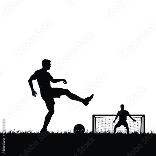 Soccer player shooting towards goal with goalkeeper silhouette Keywords: soccer, football