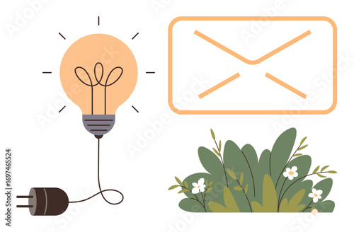 Lightbulb plugged into outlet symbolizing ideas, envelope representing communication, greenery emphasizing sustainability. Ideal for innovation, creativity, green energy, messaging, eco-friendly
