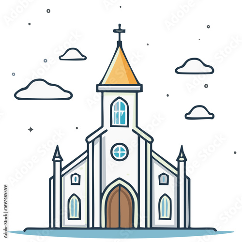 Stylized Illustration of a White Church Building with Cross and Clouds