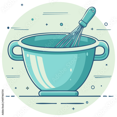 A mixing bowl and wire whisk illustration, kitchen utensils for baking and cooking food preparation