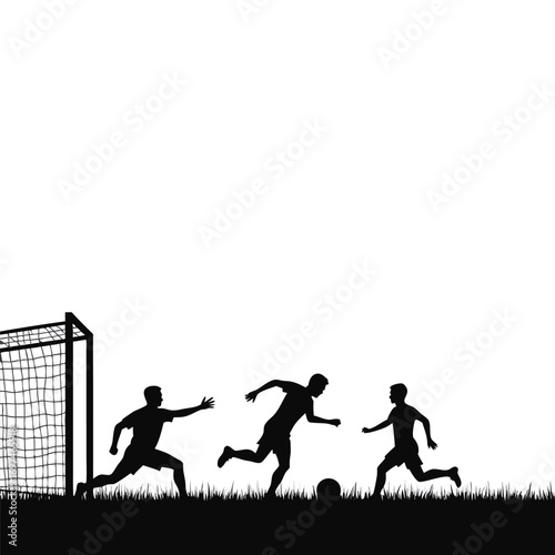 Soccer Players Chasing Ball Near Goal Silhouette Keywords: soccer, football, game, sport, goal