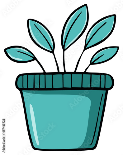 Cartoon houseplant in a teal pot with green leaves, vector illustration