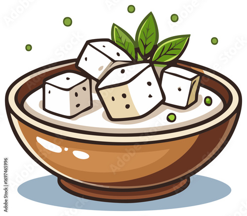 Illustrated bowl of creamy soup with tofu cubes and fresh herb garnish