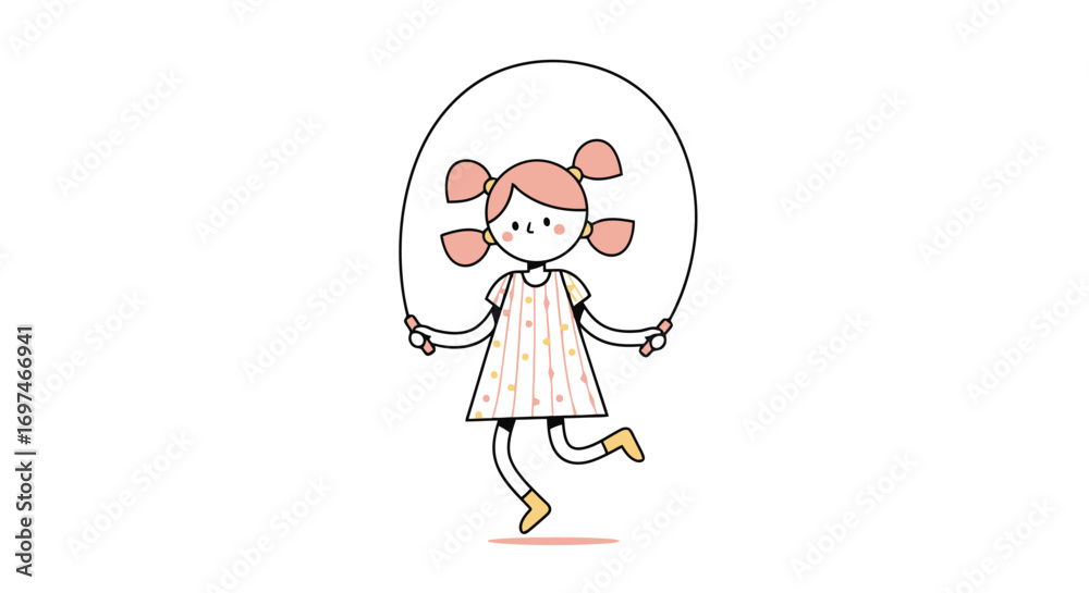 Obraz premium Minimalist illustration of a girl skipping rope, evoking childhood joy and promoting physical activity for health and wellness campaigns, children's books, and educational materials.