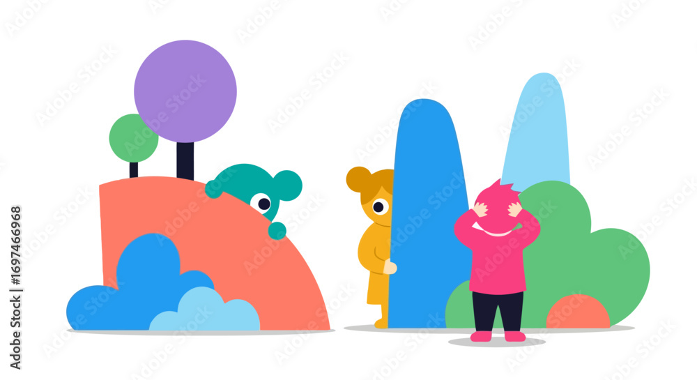 Obraz premium Playful Illustration of Children Playing Hide and Seek in a Whimsical Landscape. Ideal for children's books, educational materials, or cheerful website designs.