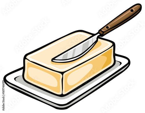 Cartoon illustration of a block of butter on a plate with a butter knife lying on top, ready for spreading