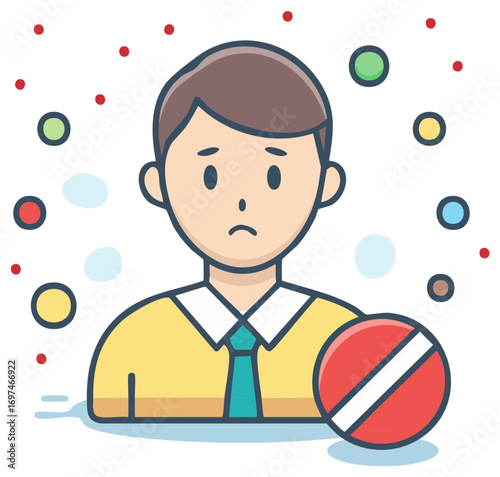 Sad man rejected with a stop sign amid virus and allergen particles