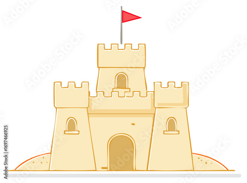 Cartoon illustration of a sandcastle with a flag on top.