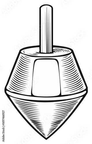 Vintage-style spinning top toy, black and white line drawing.