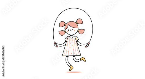 Minimalist illustration of a girl skipping rope, evoking childhood joy and promoting physical activity for health and wellness campaigns, children's books, and educational materials.