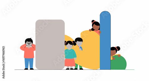 Colorful illustration depicting a group of children playing hide and seek behind geometric shapes, ideal for educational materials, children's books, and family-oriented designs.